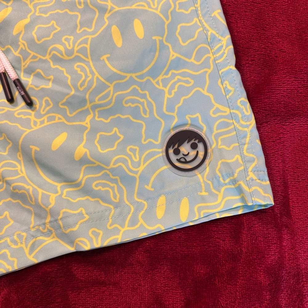 Neff Mens Swim Trunks Medium Blue Yellow Smiley Face Print Drawstring Shorts - Picture 2 of 9